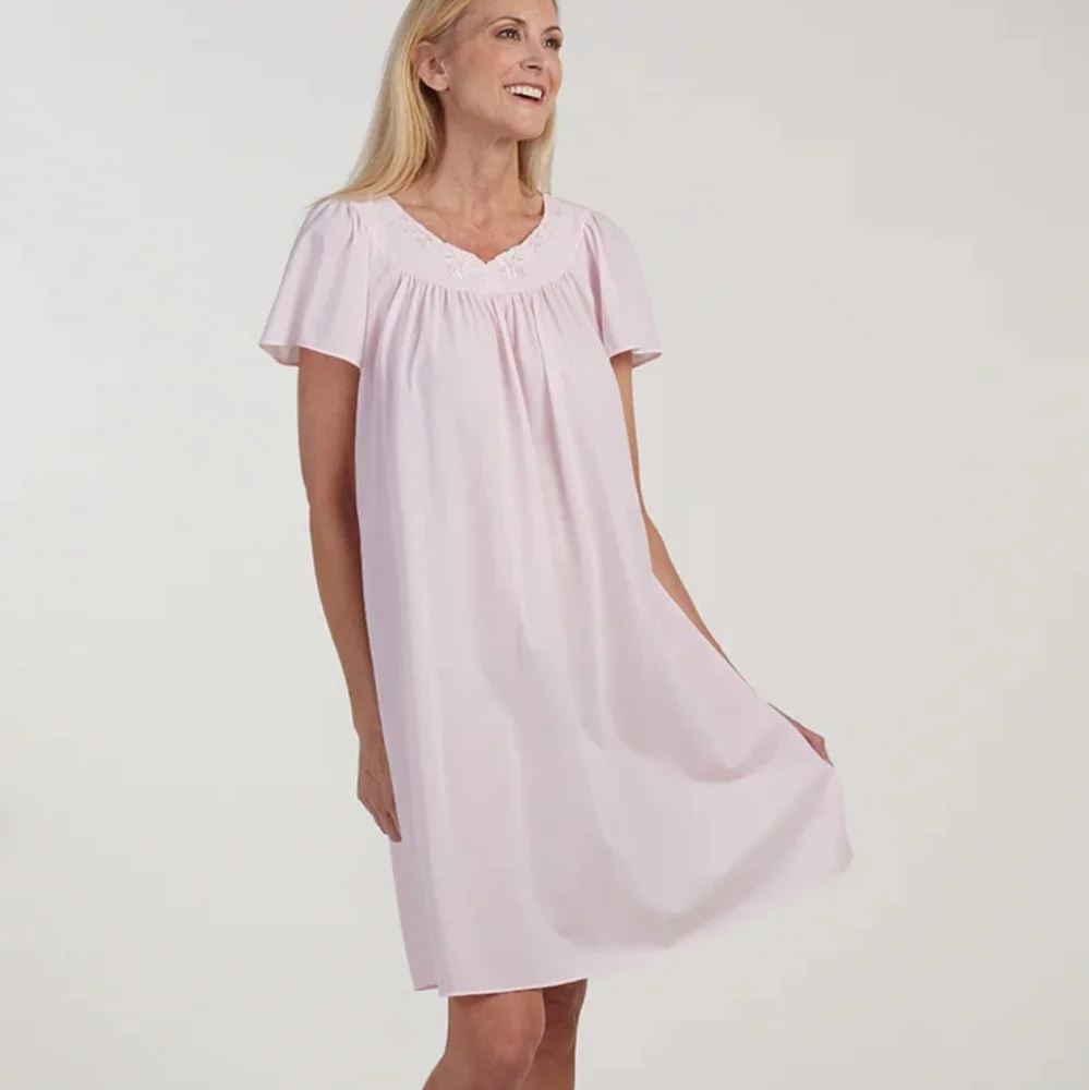 Miss Elaine‎ Women's Ruched Nylon Tricot Short Sleeve Nightgown Pink Size M